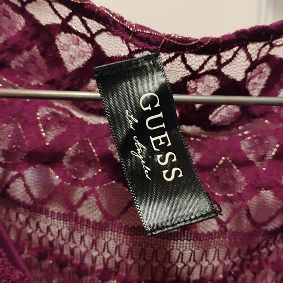 Guess Purple & Gold Lace Cocktail Dress Bodycon Shimmer Metallic Size L - Picture 2 of 6